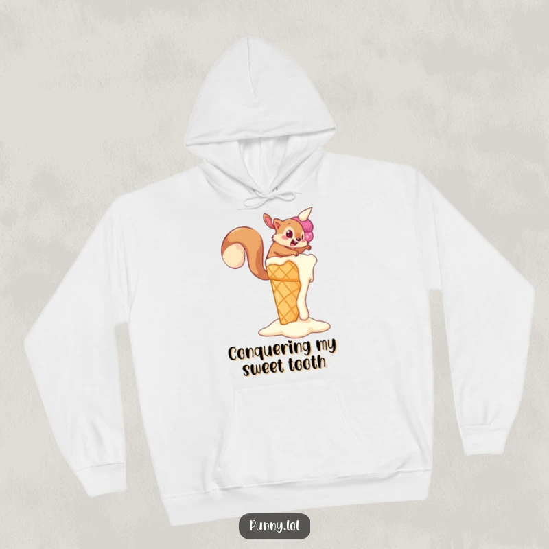 Funny Squirrel Hoodie showing a determined squirrel attempting to climb a giant, melting ice cream cone, perfect for cozy ambition and a funny gift.