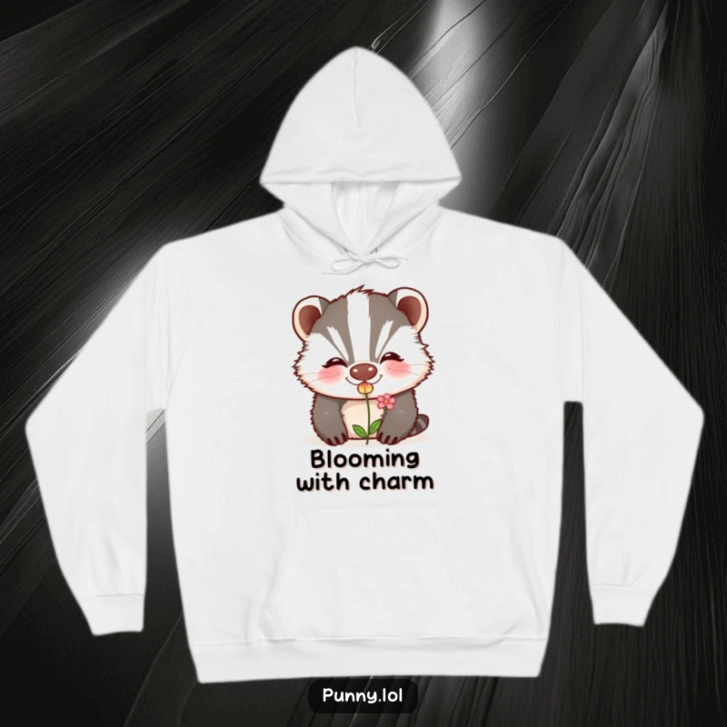 Funny hoodie design of a grinning badger blowing a kiss that blossoms into a tiny flower, offering cozy and charming comfort.