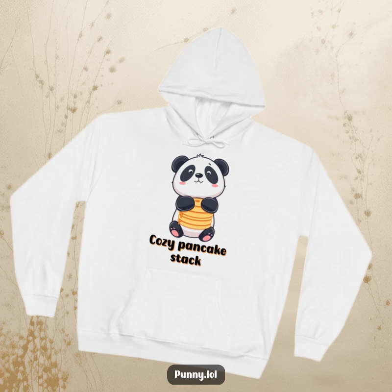 Funny hoodie with a panda balancing pancakes on its nose, for cozy food lovers.