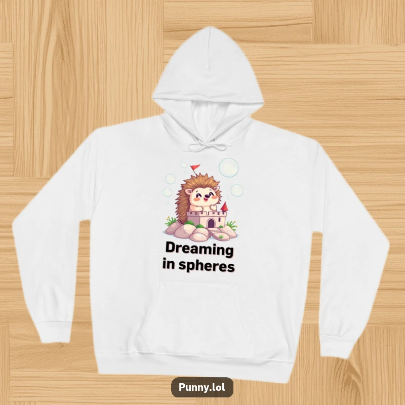 Funny hoodie design of a happy hedgehog constructing a castle from floating bubbles, offering cozy and whimsical charm.