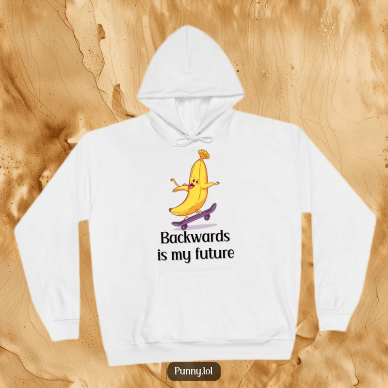 Comfortable hoodie featuring a funny banana peel riding a skateboard backwards, offering warmth and comical adventure.