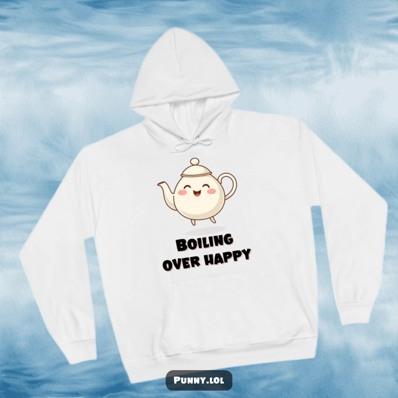 Funny pullover hoodie showcasing a happy, steaming teapot character caught mid-dance, radiating warmth and fun.