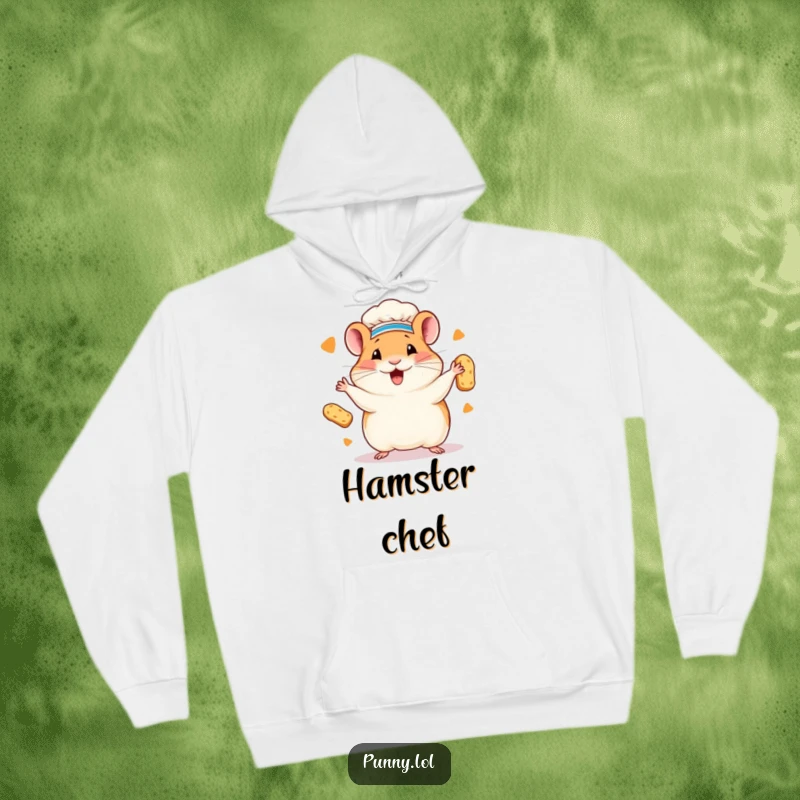 Funny hamster chef hoodie featuring a happy hamster in a chef hat juggling tiny bread loaves. Cozy and humorous.
