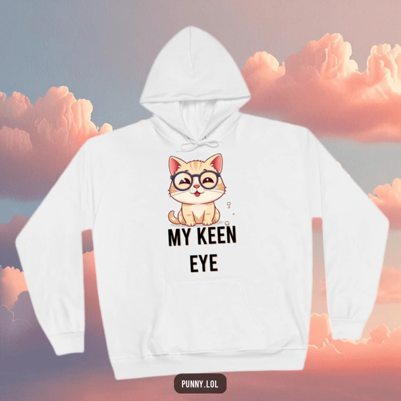 Funny Cat Hoodie: A cheerful cat sports a tiny monocle, meticulously studying a speck of dust.
