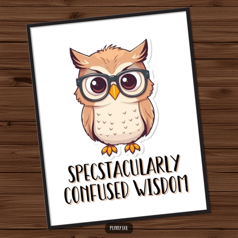 Funny Free Printable Wall Art: Confused owl wearing glasses upside down, a whimsical decor piece.