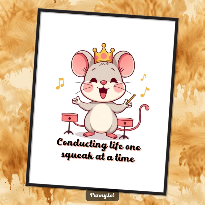 Funny Free Printable Wall Art: A happy mouse character adorned with a tiny crown conducts an imaginary orchestra.