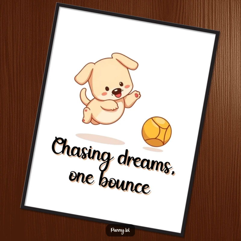 Funny Free Printable Wall Art: Bouncing puppy mid-leap catching a ball, energetic and playful decor.