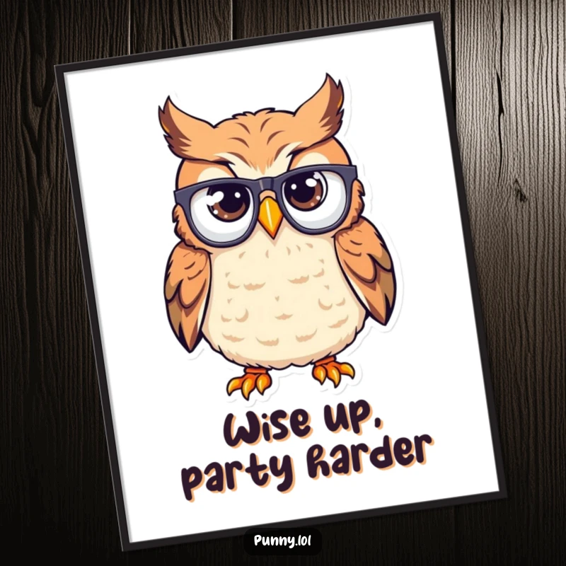 Funny Free Printable Wall Art of an owl with its glasses hilariously upside down on its beak, embodying charming confusion.