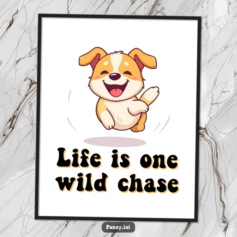 Funny Free Printable Wall Art: A happy dog is depicted mid-spin, chasing its tail in a dizzying, ecstatic circle.