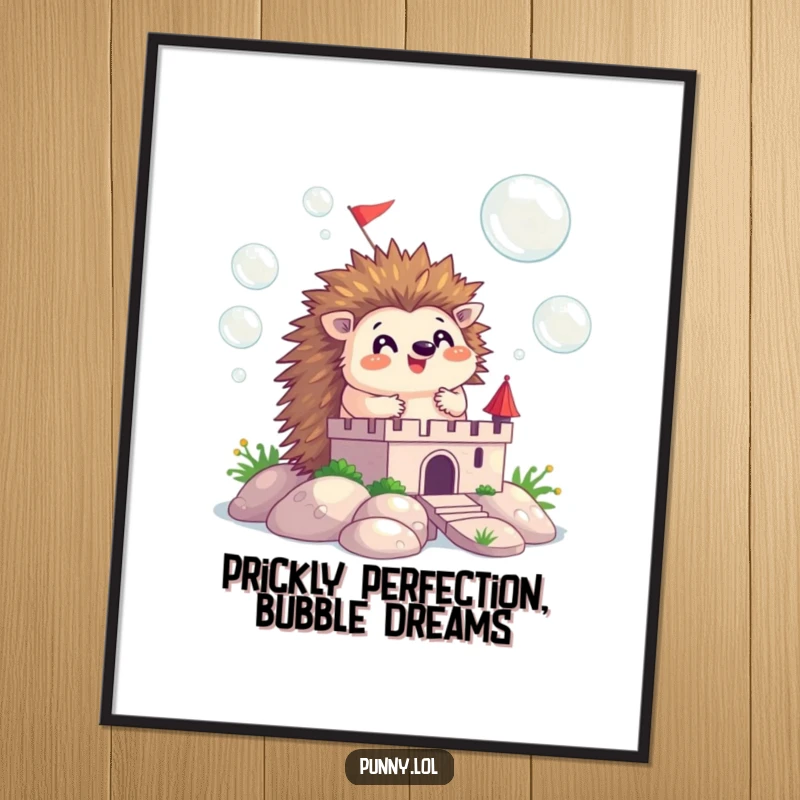 Funny Free Printable Wall Art: A happy hedgehog creating an enchanting castle from a cascade of beautiful floating bubbles.