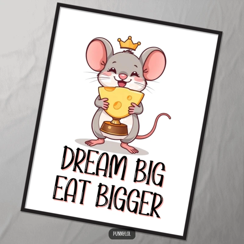 Funny Free Printable Wall Art: A gleeful mouse triumphantly holds a massive wedge of cheese, looking like a grand prize winner.