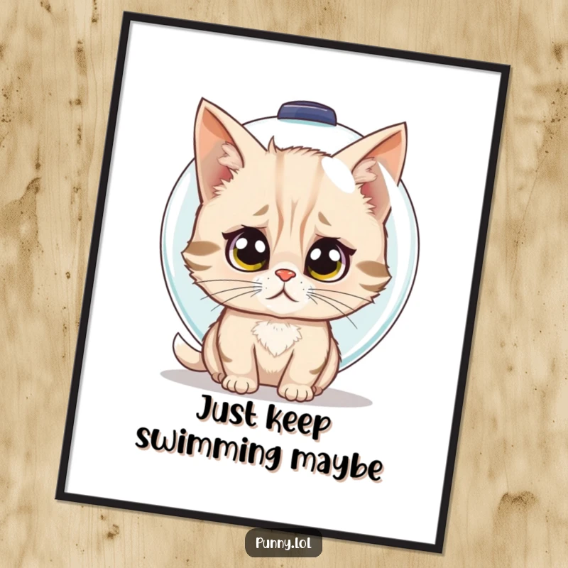 Funny free printable wall art of a confused cat attempting to wear a fishbowl as a protective helmet.
