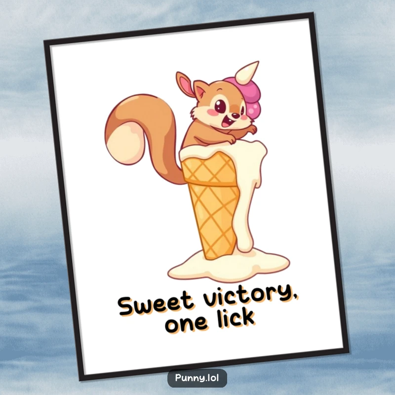 Funny Free Printable Wall Art: A determined squirrel is shown mid-climb on a huge, melting ice cream cone.