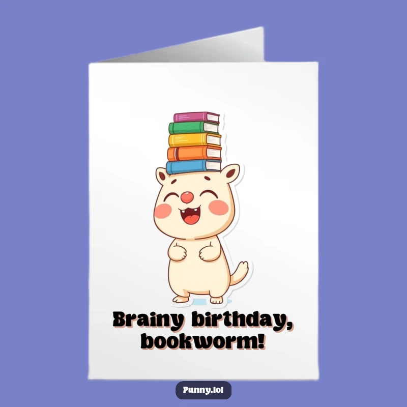 Free Printable Birthday Card: Funny Bookworm Creature Balancing Books