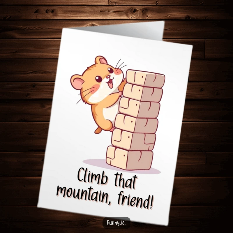 Funny Free Printable Birthday Card: A determined hamster bravely climbs a huge, imposing block, aiming for the top.