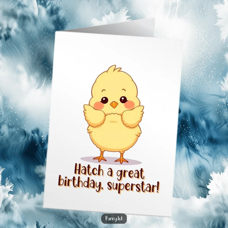 Funny Free Printable Birthday Card featuring a fluffy chick in a dramatic stage bow, a charming and hilarious DIY gift.