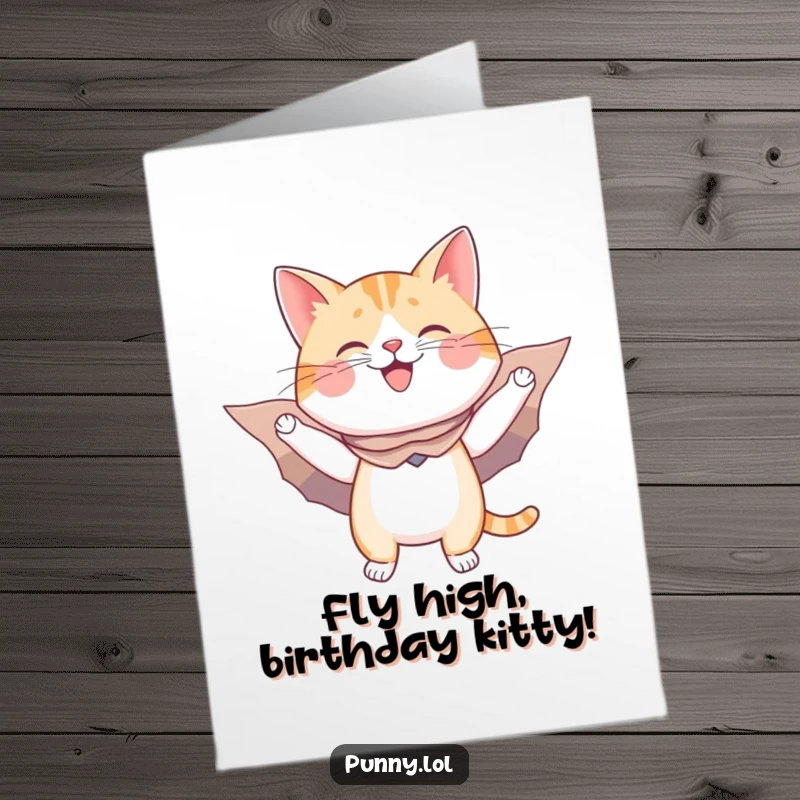 Funny Free Printable Birthday Card: A happy cat in a cape with cardboard wings pretends to fly heroically for your birthday.