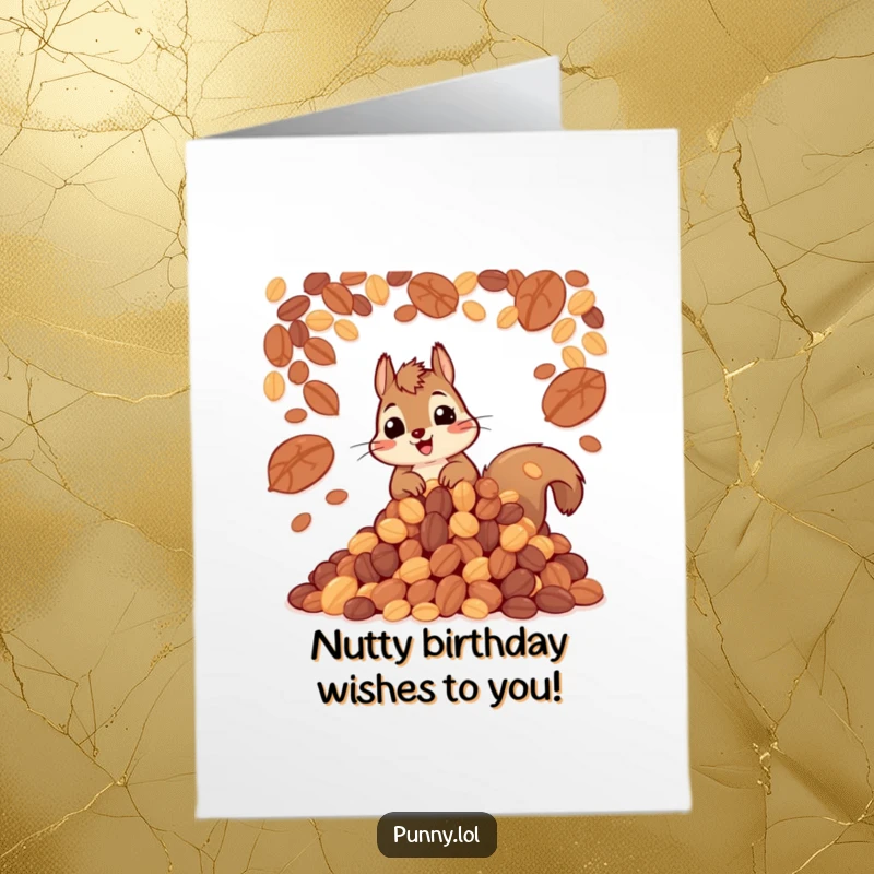 Funny Free Printable Birthday Card featuring a cheerful squirrel with an enormous pile of nuts, celebrating abundance and hoarding fun.