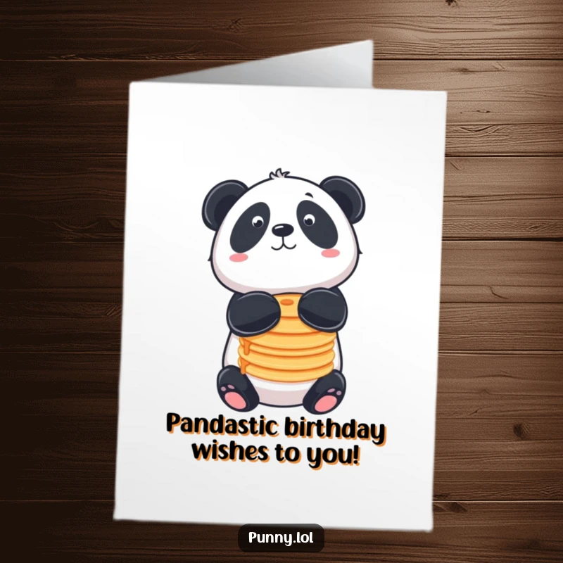 Funny Free Printable Birthday Card featuring a playful panda balancing a stack of pancakes perfectly on its nose, ready to celebrate.