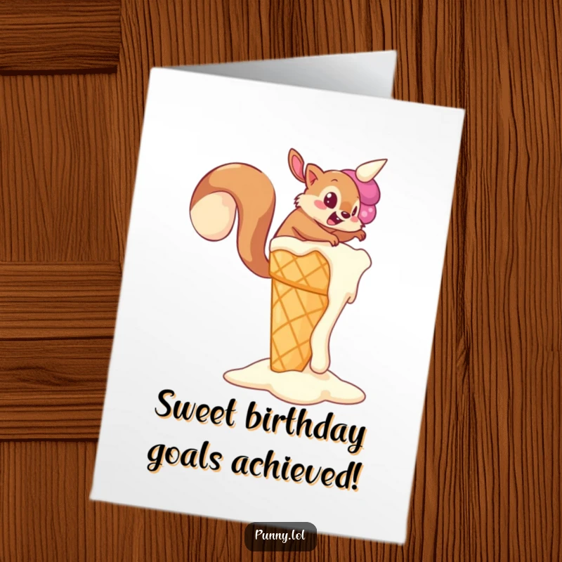 Funny Free Printable Birthday Card: A determined squirrel struggles to climb an enormous, melting ice cream cone.
