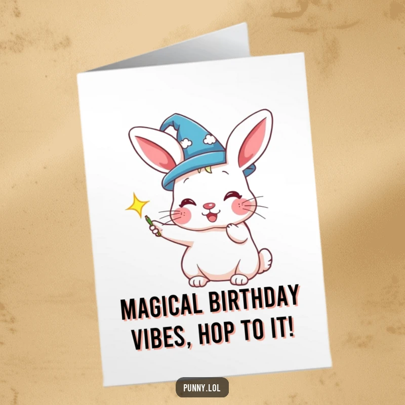 Funny Free Printable Birthday Card featuring a curious rabbit in a wizard hat conjuring a magical sparkle for their special day.