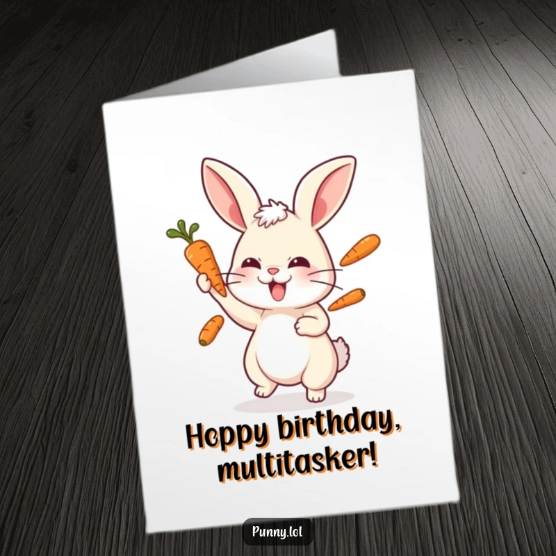 Funny Free Printable Birthday Card: A playful rabbit intensely focuses while juggling three bright orange carrots in mid-air.