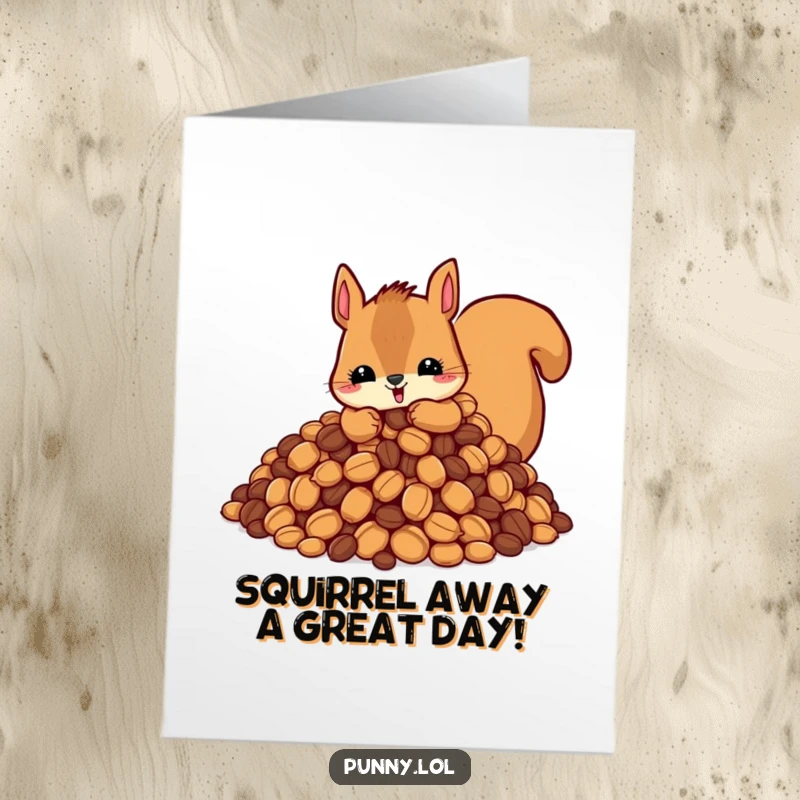 Funny Free Printable Birthday Card: Cheerful squirrel with massive nut pile, ready to celebrate.