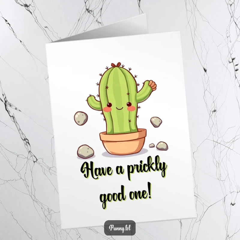 Funny Free Printable Birthday Card: Clumsy cactus with a determined look juggles smooth stones, with one about to drop.