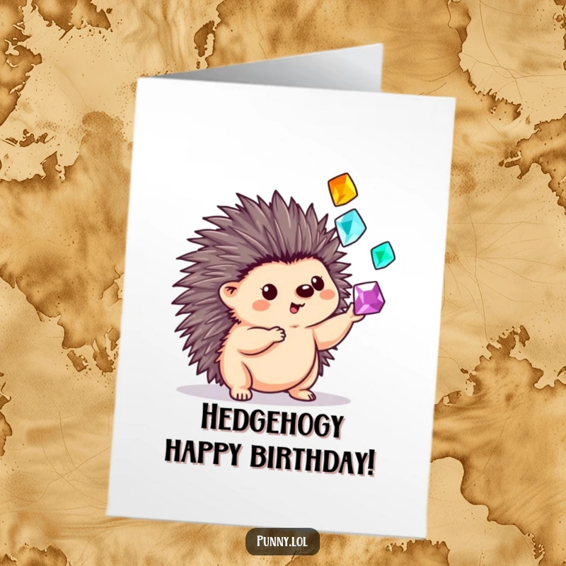 Funny Free Printable birthday card featuring a playful hedgehog expertly juggling three sparkling gems with its quills.