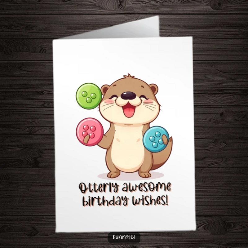Funny Free Printable Birthday Card: A happy otter joyfully juggling three large, shiny buttons.