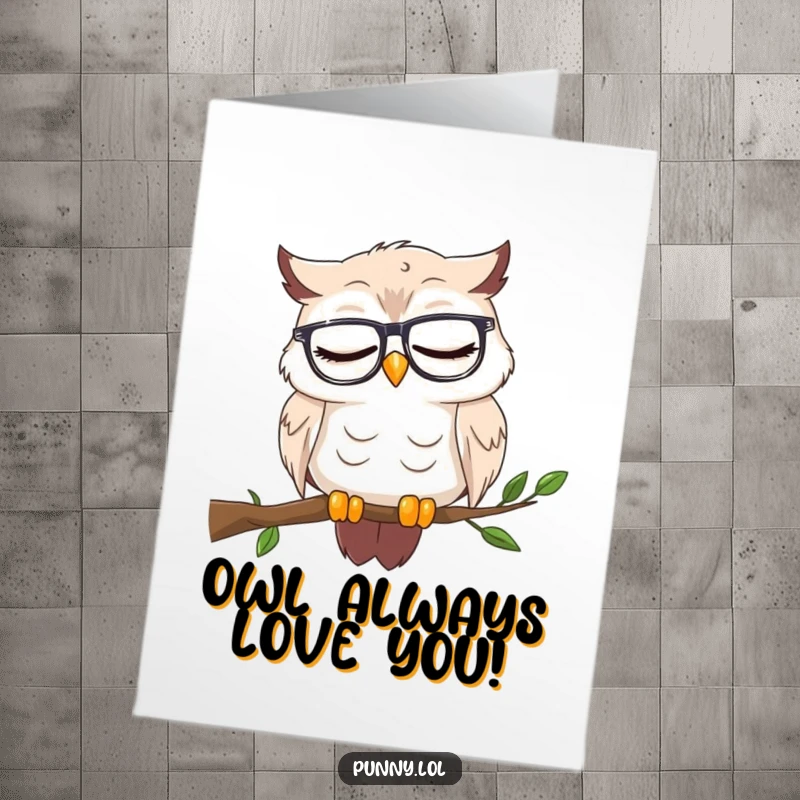 Funny Free Printable Birthday Card: Sleepy owl wearing reading glasses dozes off on a branch, dreaming of happy birthday wishes.