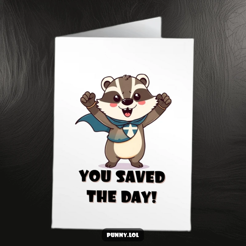 Funny Free Printable Congratulations Card: A badger dons a superhero cape, striking a triumphant pose after a major win.