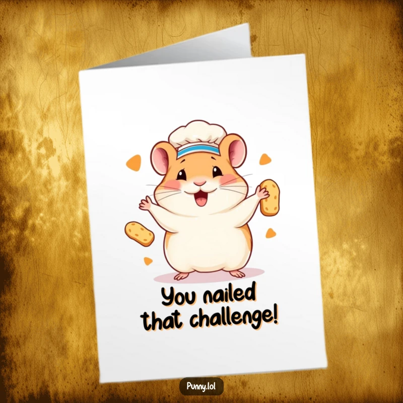 Funny free printable congratulations card: A happy hamster chef juggling miniature loaves of bread with impressive skill.