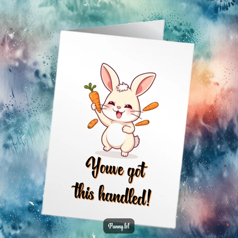 Funny Free Printable Congratulations Card: A focused rabbit skillfully juggles three carrots with intense concentration, a true performer.