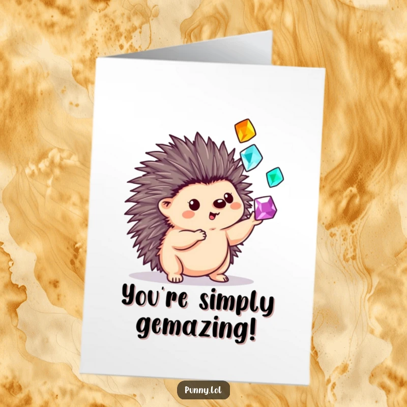 Funny Free Printable congratulations card showing a playful hedgehog juggling sparkling gems with its quills.