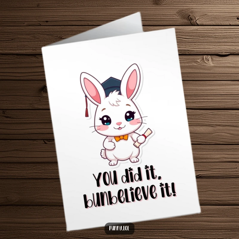 Funny Free Printable congratulations card with a cheerful rabbit wearing a graduation cap and holding a diploma.