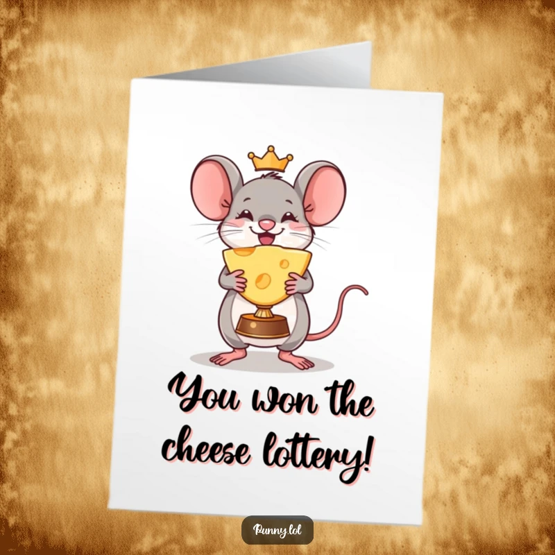 Funny Free Printable Congratulations Card: A triumphant mouse holds up a huge wedge of cheese as if it were a gold medal.