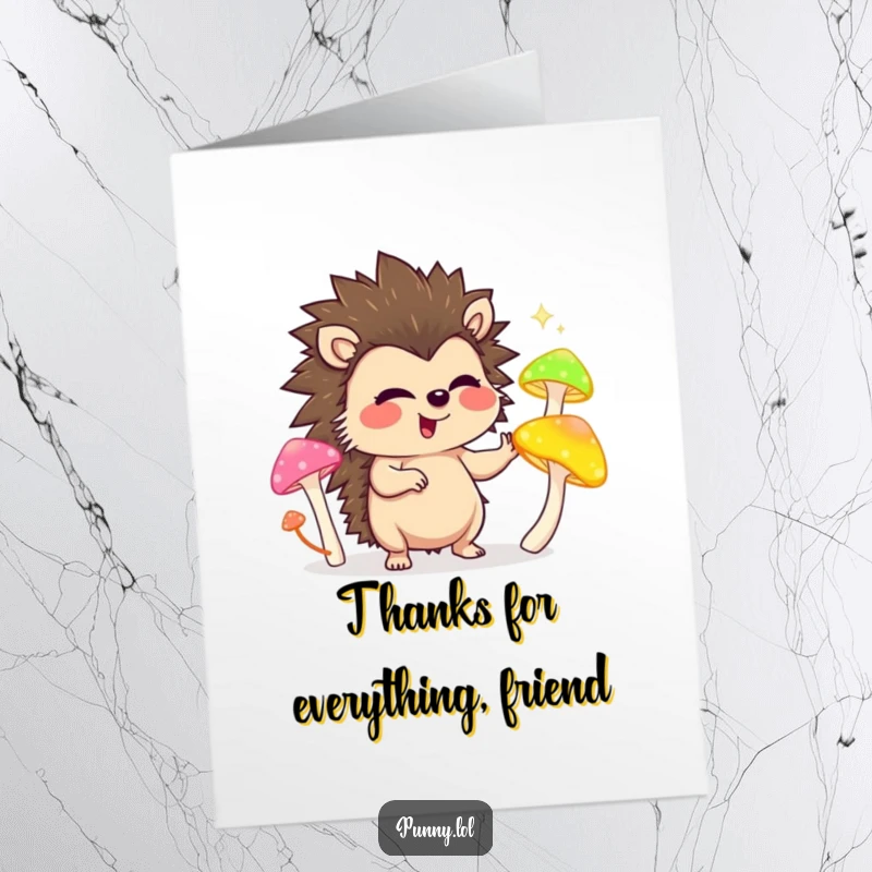 Amusing Free Printable thank you card displaying a happy hedgehog character juggling glowing mushrooms, a unique way to say thanks.