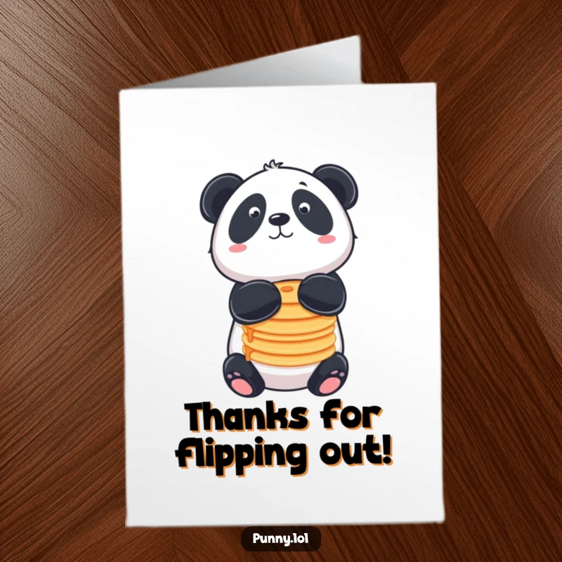 Funny Free Printable Thank You Card depicting a panda balancing pancakes on its nose, offering a grateful and funny sentiment.