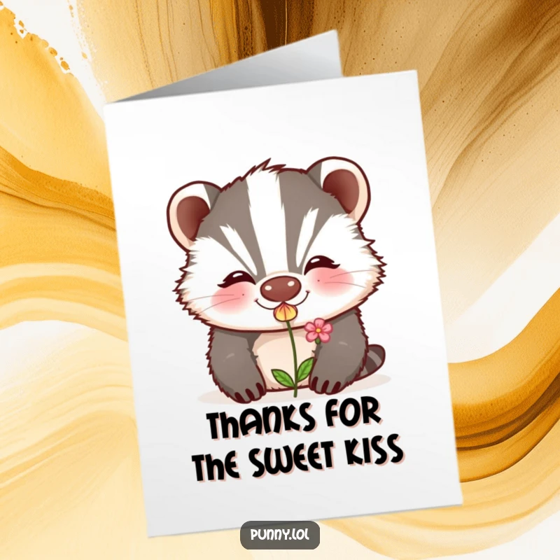 Funny Free Printable Thank You Card: Charming badger blows a kiss, which beautifully transforms into a delicate little flower.