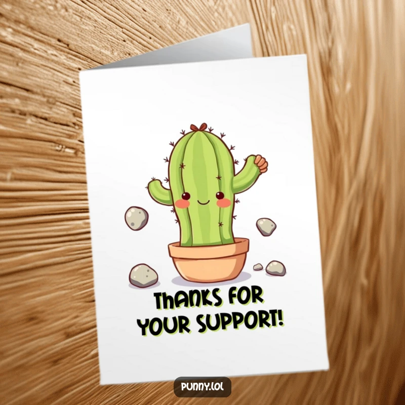 Funny Free Printable Thank You Card: Clumsy cactus juggles stones with a sheepish grin, offering a unique thank you.
