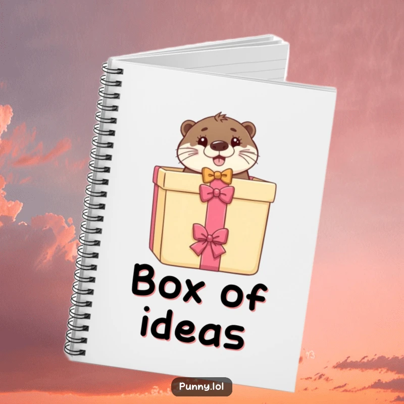 Funny notebook with an otter in a bow tie peeking from a gift box, for writing and drawing.