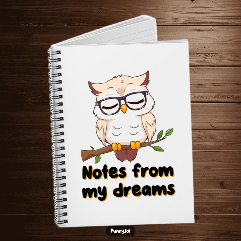 Funny notebook adorned with a sleepy owl wearing reading glasses, nodding off on a branch, perfect for jotting down notes and dreams.
