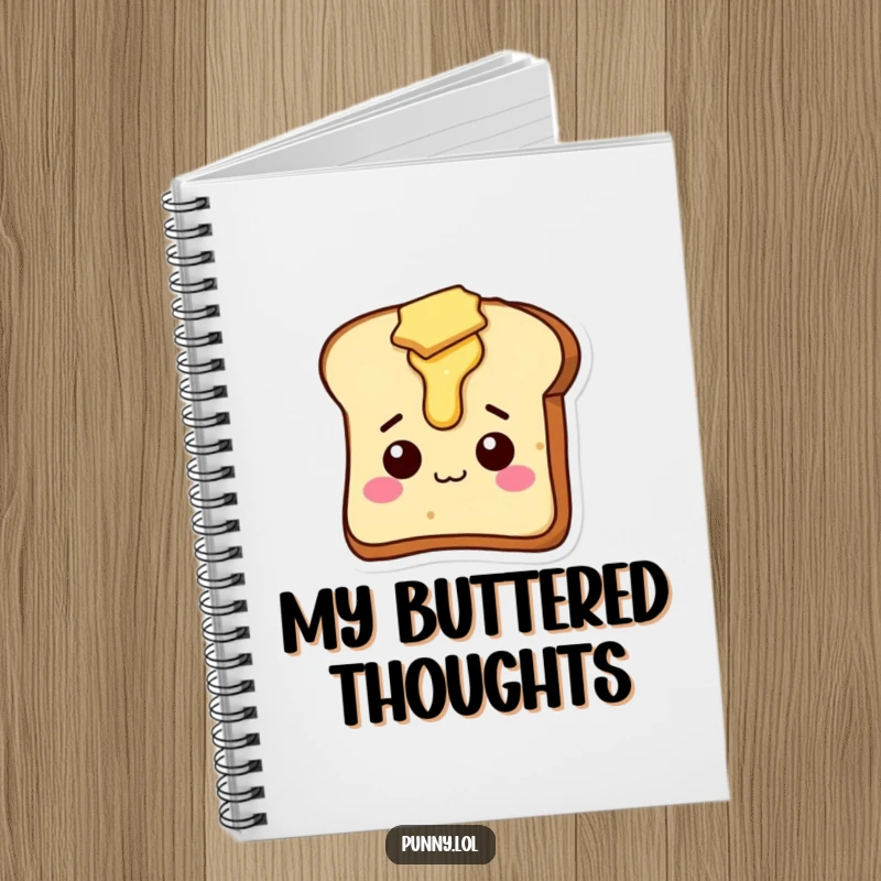 Funny notebook with a print of a silly, buttery slice of toast character, designed for jotting down notes.
