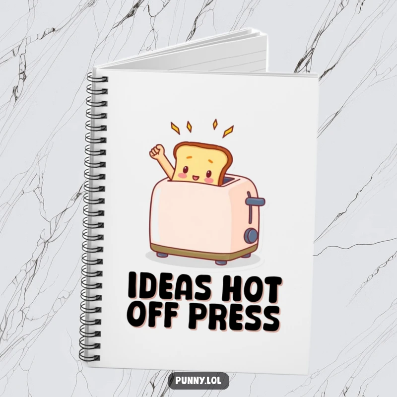 Notebook cover featuring a funny toast popping triumphantly from a toaster, making note-taking a joyous experience.