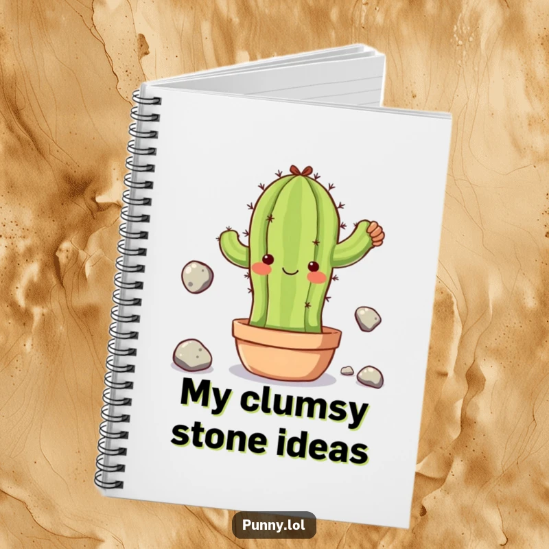 Funny notebook adorned with a clumsy cactus character juggling stones, perfect for jotting down notes and embracing imperfection.