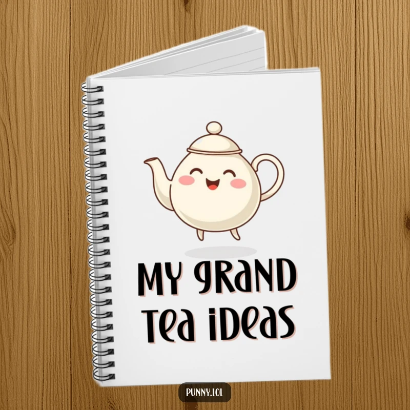 Funny lined notebook with a cheerful, steaming teapot character dancing across the cover, ready for notes.