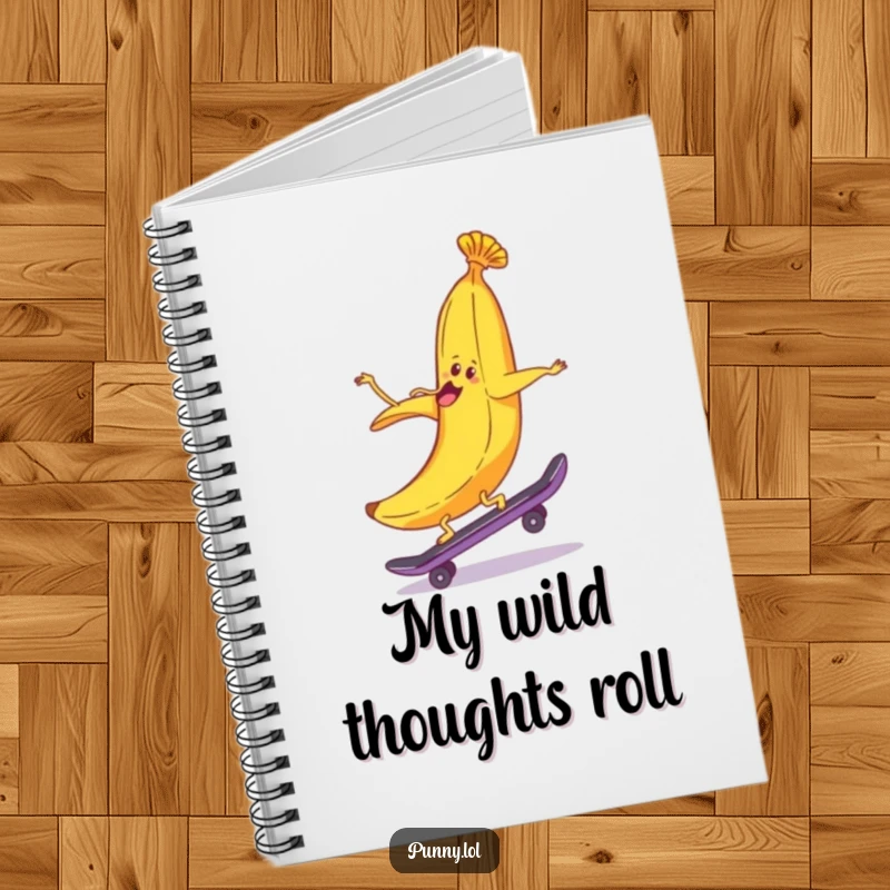 Notebook cover featuring a funny banana peel riding a skateboard backwards, making note-taking a humorous and dynamic experience.