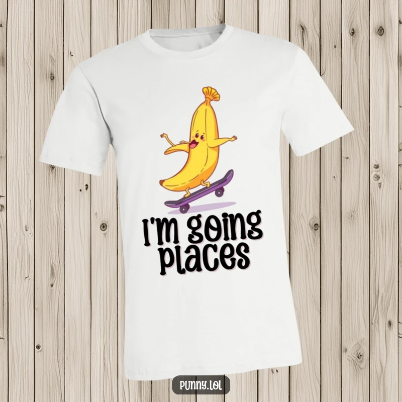 Funny banana peel character riding a skateboard backwards, printed on a t-shirt that celebrates quirky adventures humorously.