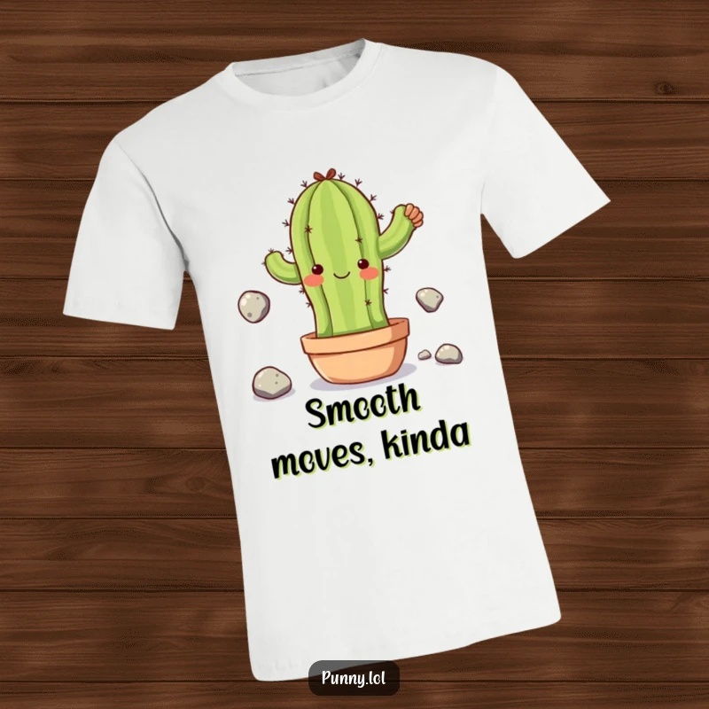Funny t-shirt depicting a clumsy cactus character struggling to juggle stones, highlighting a humorous take on effort and imperfection.